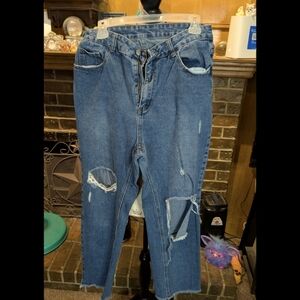 SHEIN Blue Distressed Boyfriend Jeans